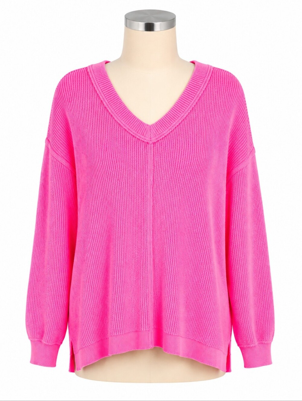 Aerie Wonder Textured V-Neck Sweatshirt Top Sz XS Neon Pink Ribbed Knit Pullover